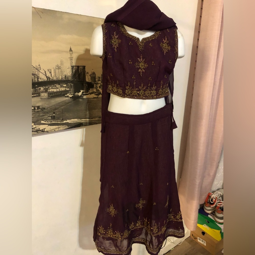 Ethnic Saree purple kids size 4/5T three piece silk